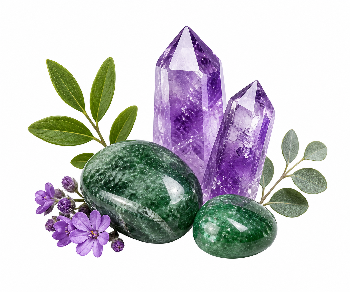 Pierres vertes, am&eacute;thystes et feuillage