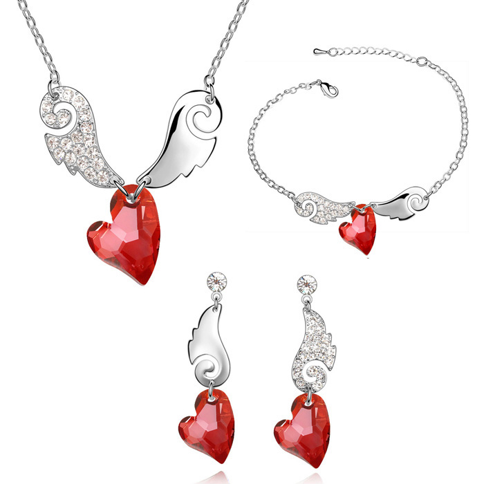 Collier Pendentif Ailé En Cristal Rouge - Longueur 41-45cm, Alliage Argenté, Neuf Avec étiquette
