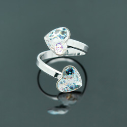 Bague en Cristal et Argent Bague 2 Coeurs en Argent et Cristal White Patina