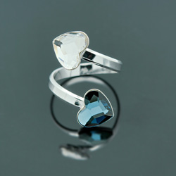 Bague en Cristal et Argent Bague 2 Coeurs en Argent et Cristal Denim Blue / Blanc