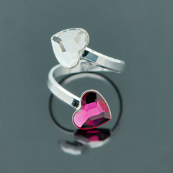 Bague en Cristal et Argent Bague 2 Coeurs en Argent et Cristal Fuchsia / Blanc