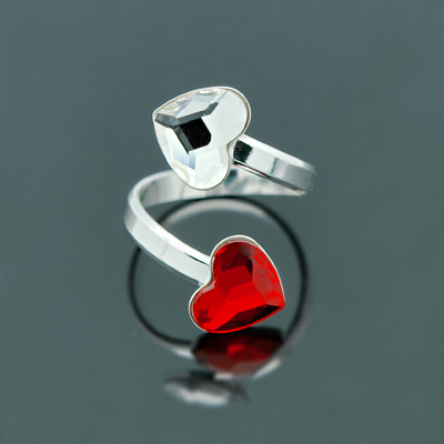 Bague en Cristal et Argent Bague 2 Coeurs en Argent et Cristal Rouge / Blanc