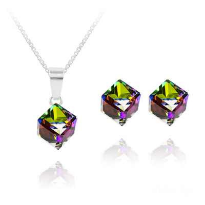 Parure en Cristal et Argent Parure Cube 6MM en Argent et Cristal Vitrail Medium