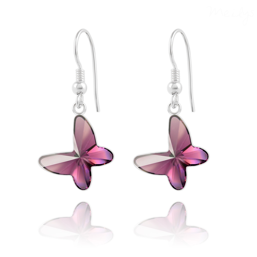 Boucles d'oreilles artisanales  Perles améthyste et papillon en métal