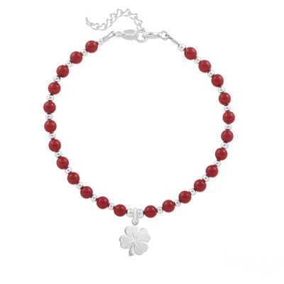 Bracelet en Cristal et Argent Bracelet Trfle 4 Feuilles en Argent et Perle de Cristal Nacre Red Coral