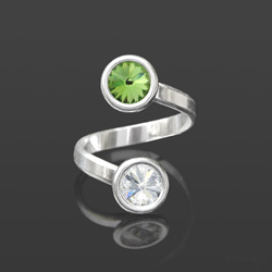 Bague 2 Rivoli 6mm en Argent et Cristal Blanc / Vert Peridot