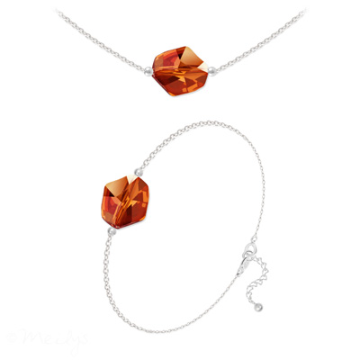 Parure en Cristal et Argent Parure Ras de Cou + Bracelet Cosmic en Argent et Cristal Red Magma