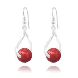 Boucles d'Oreilles Curvy en Argent et Perle de Cristal Nacr� 10MM Red Coral