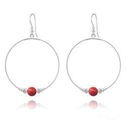 Cr�oles 50mm en Argent et Perle de Cristal Nacr� 8mm Red Coral
