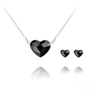 Parure en Cristal et Argent Parure Coeur 14mm / 6mm en Argent et Cristal Jet (Noir)