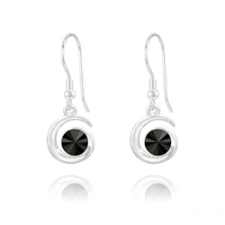 Boucles d'Oreilles Spirale Rivoli en Argent et Cristal Jet (Noir)