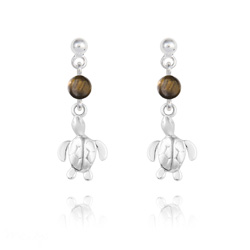 Boucles d'Oreilles en Pierre Naturelle Boucles d'Oreilles Tortue en Argent et Pierres Naturelles 4mm - Oeil de Tigre
