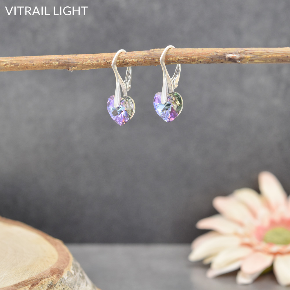 Boucles D'oreilles En Argent 925 Rhodié Avec Cœur En Cristal Autrichien - Couleur Bermuda Blue