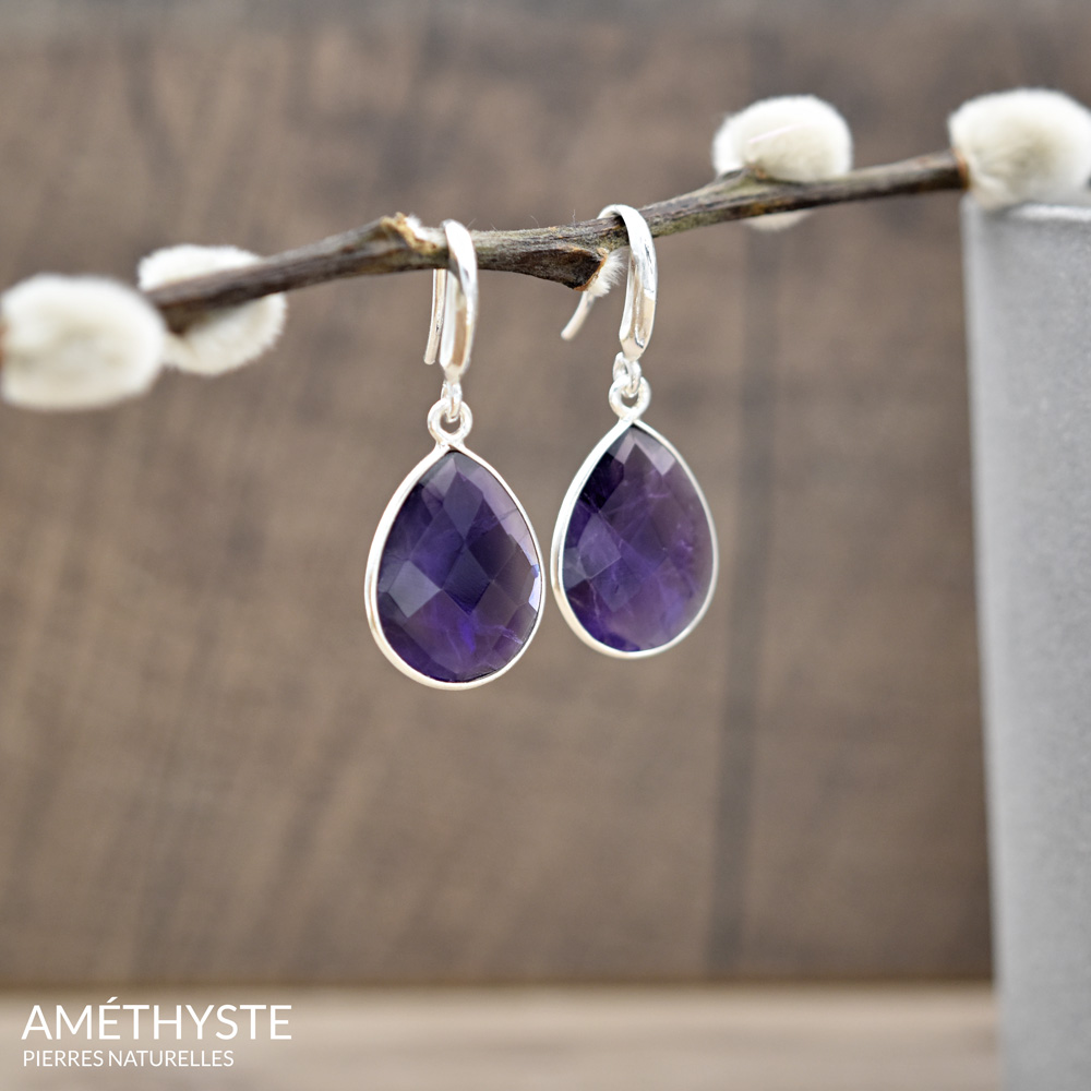 Boucles D'oreilles En Améthyste Facettée Véritable - Pierre Du Brésil - Monture Acier