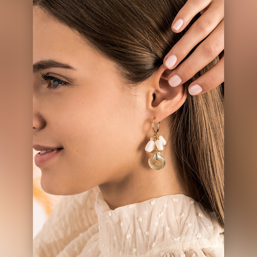 Boucles D'oreilles Créatives En Coquillage, Perles Et Nacre - Bijou D'occasion En Bon état - Fermoir Clip