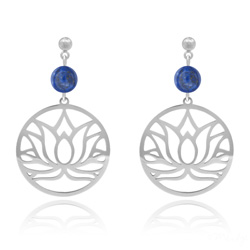 Boucles d'Oreilles Fleur de Lotus en Acier et Pierres Naturelles 8MM - Lapis Lazuli