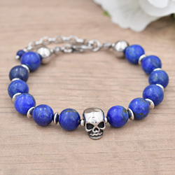 Bracelet Tête de Mort en Acier et Pierres Naturelles 8mm - Lapis Lazuli